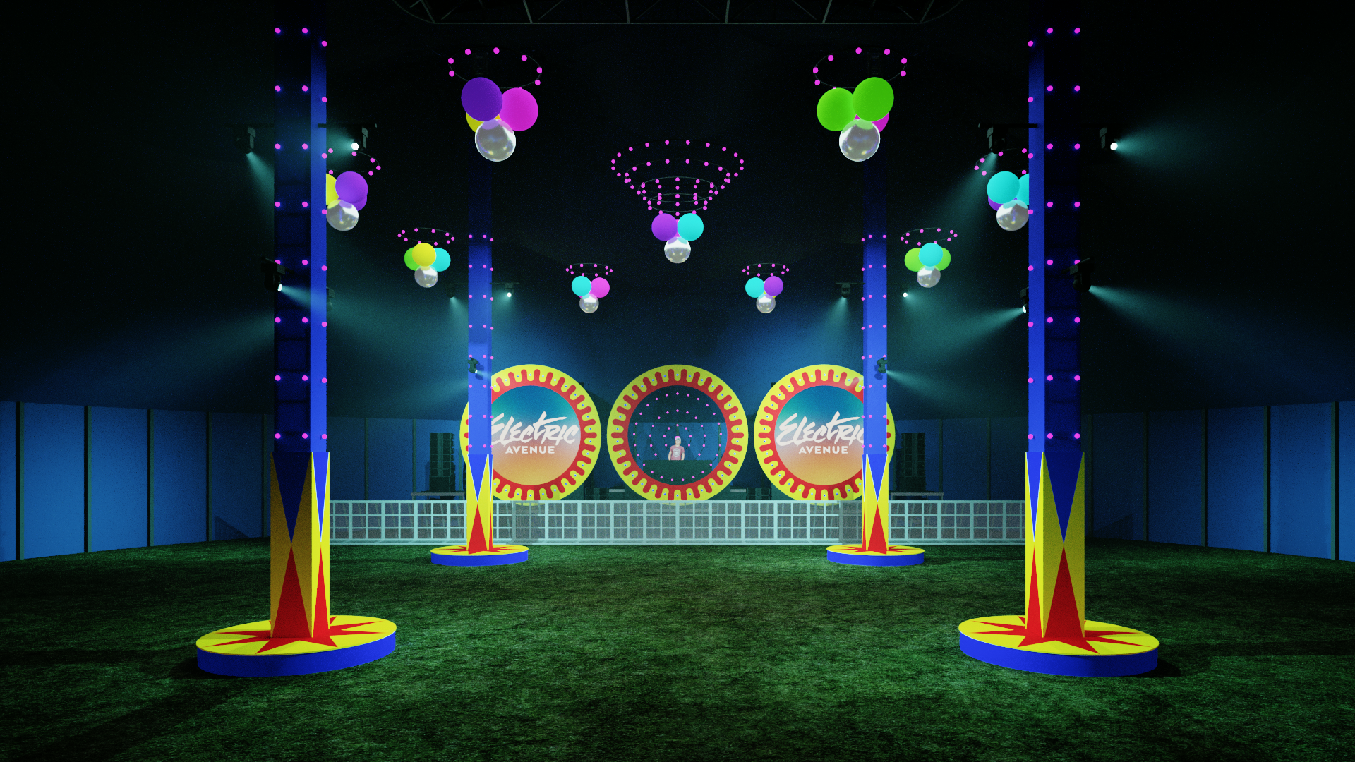 Circo Disco stage design render with mapped LED and suspended lighting features