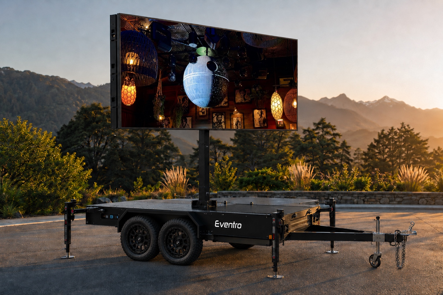 Photorealistic concept render of the compact Eventro mobile LED screen trailer