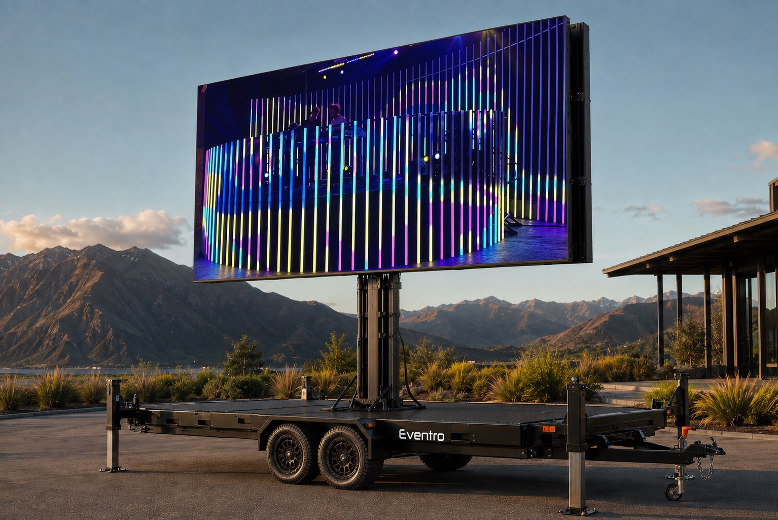 Photorealistic concept render of the large Eventro mobile LED screen trailer